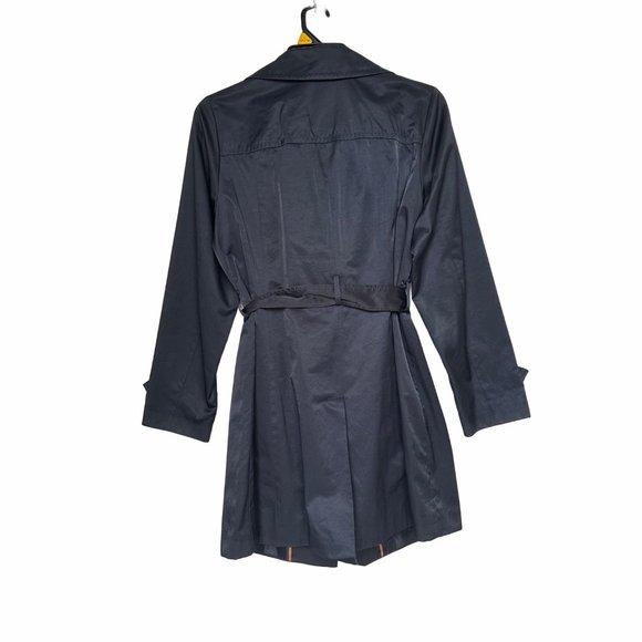 Sz M Womens Jones New York Trench Coat Mid Length Navy Belt Vent Full Zip satin - Picture 2 of 11